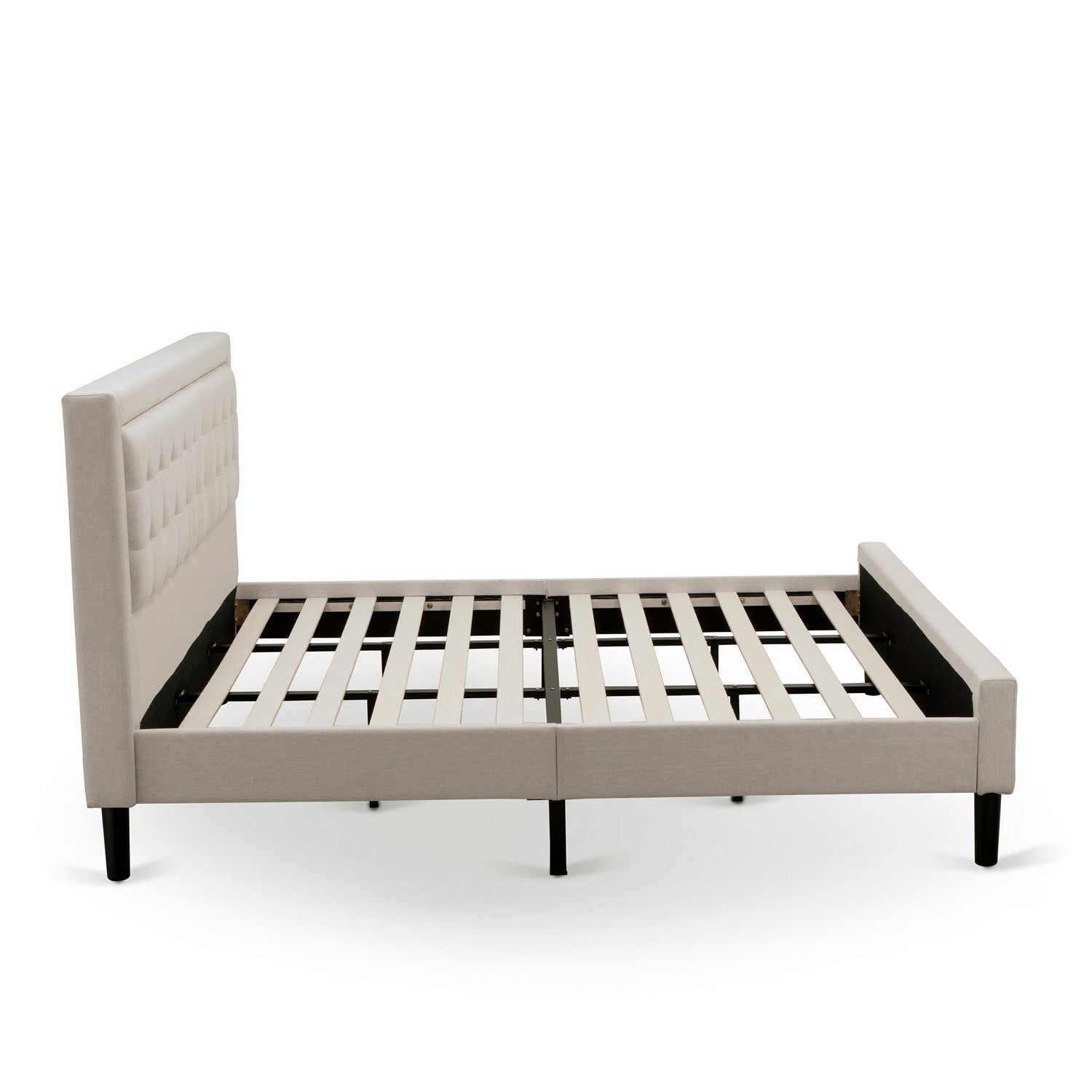 East West Furniture FNF-08-K Platform King Size Bed - Mist Beige Linen Fabric Upholstered Bed Headboard with Button Tufted Trim Design - Black Legs