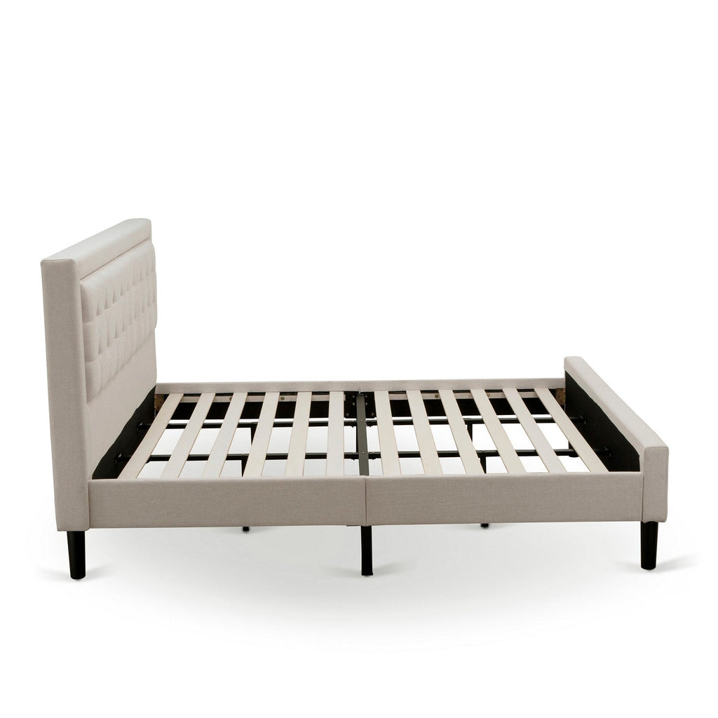 East West Furniture FNF-08-K Platform King Size Bed - Mist Beige Linen Fabric Upholestered Bed Headboard with Button Tufted Trim Design - Black Legs