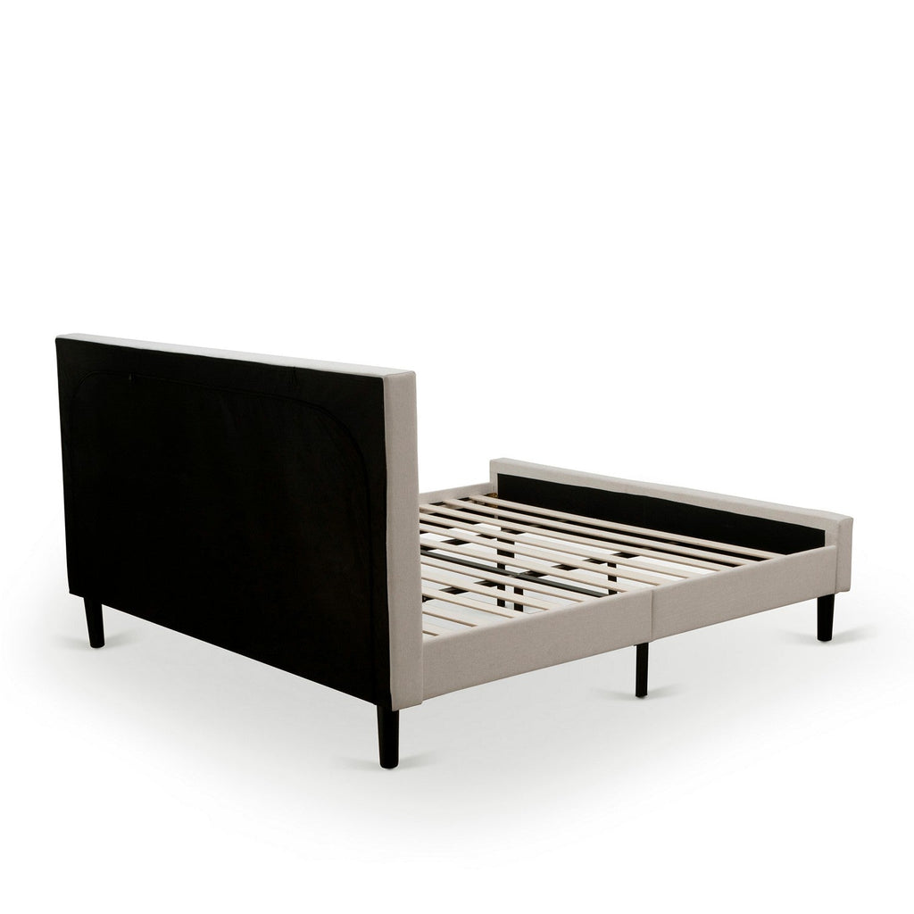 East West Furniture FNF-08-K Platform King Size Bed - Mist Beige Linen Fabric Upholestered Bed Headboard with Button Tufted Trim Design - Black Legs