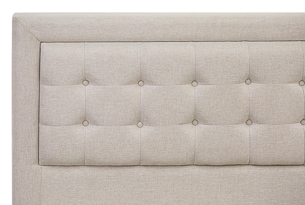 East West Furniture FNF-08-K Platform King Size Bed - Mist Beige Linen Fabric Upholestered Bed Headboard with Button Tufted Trim Design - Black Legs