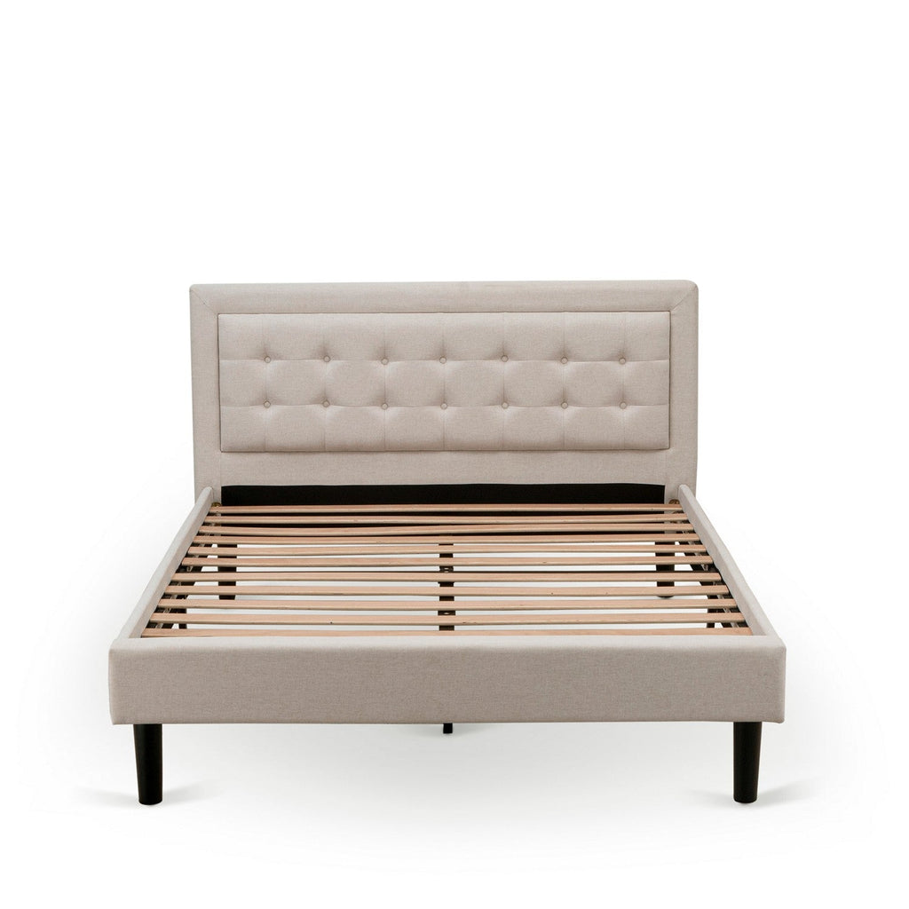 Cama Queen con plataforma East West Furniture FNF-08-Q - Cabecera tapizada en tela de lino beige niebla con ribete capitoné y patas negras
