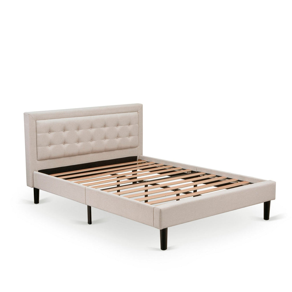 Cama Queen con plataforma East West Furniture FNF-08-Q - Cabecera tapizada en tela de lino beige niebla con ribete capitoné y patas negras