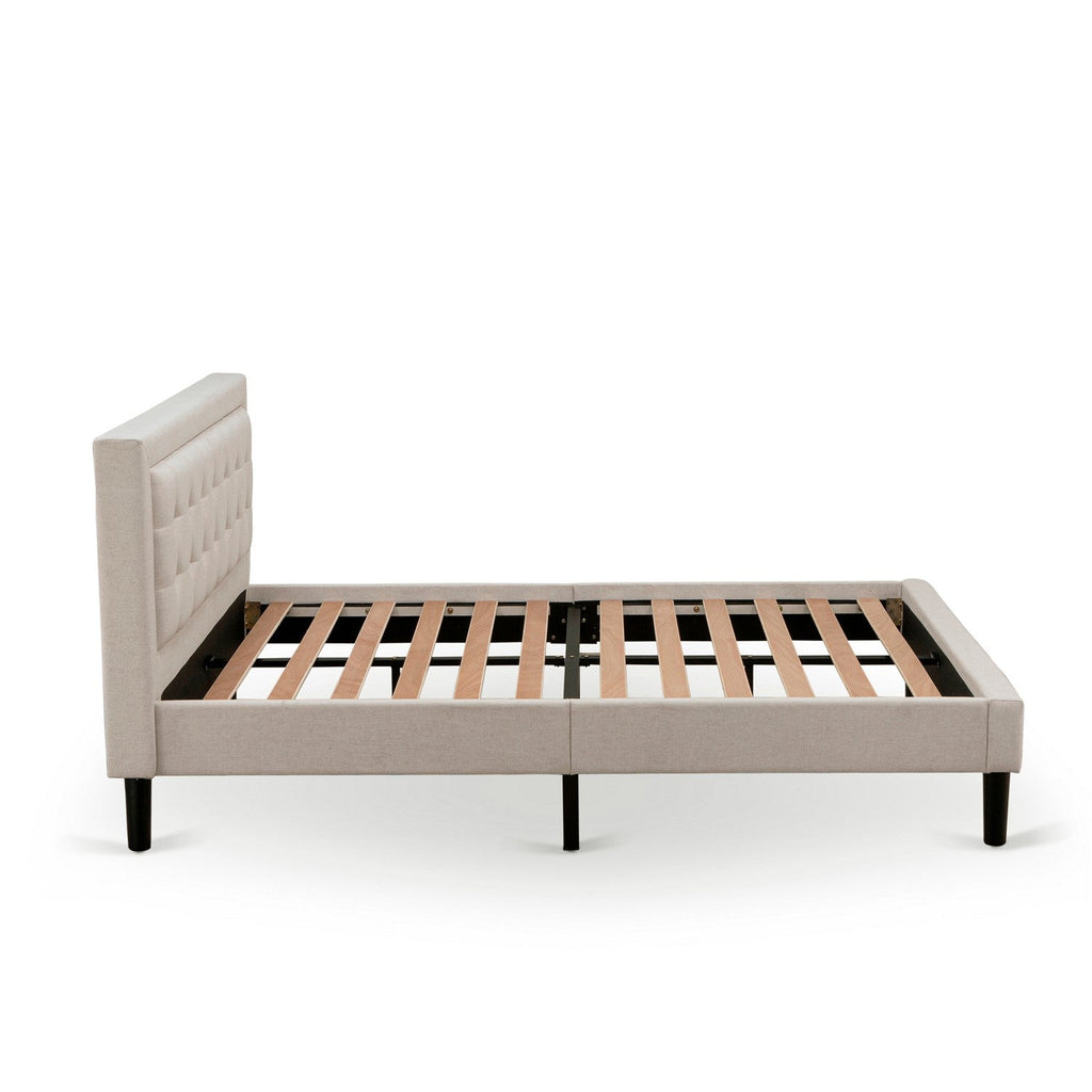 Cama Queen con plataforma East West Furniture FNF-08-Q - Cabecera tapizada en tela de lino beige niebla con ribete capitoné y patas negras