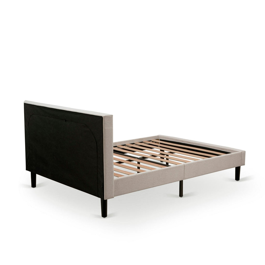 Cama Queen con plataforma East West Furniture FNF-08-Q - Cabecera tapizada en tela de lino beige niebla con ribete capitoné y patas negras