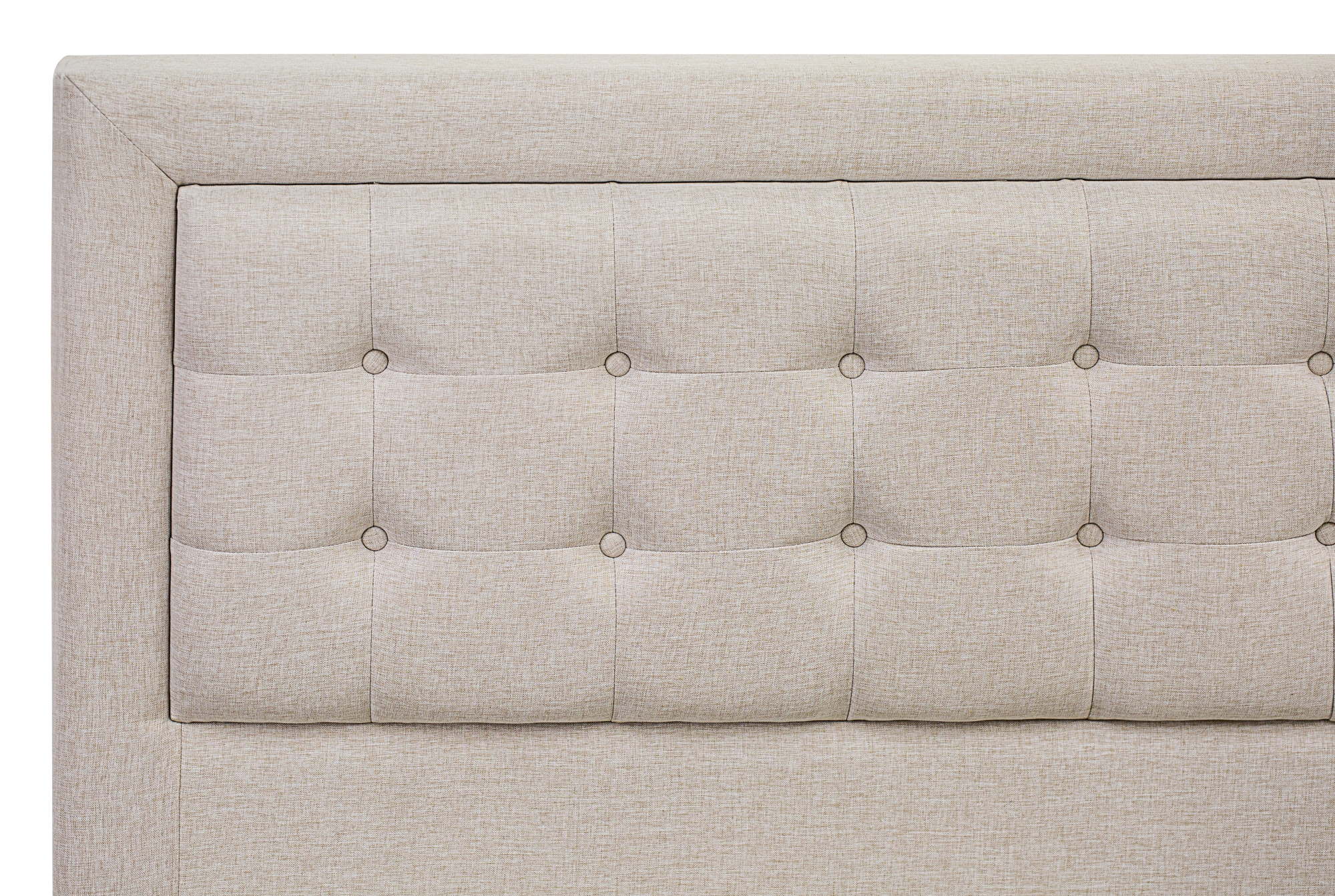 Cama Queen con plataforma East West Furniture FNF-08-Q - Cabecera tapizada en tela de lino beige niebla con ribete capitoné y patas negras