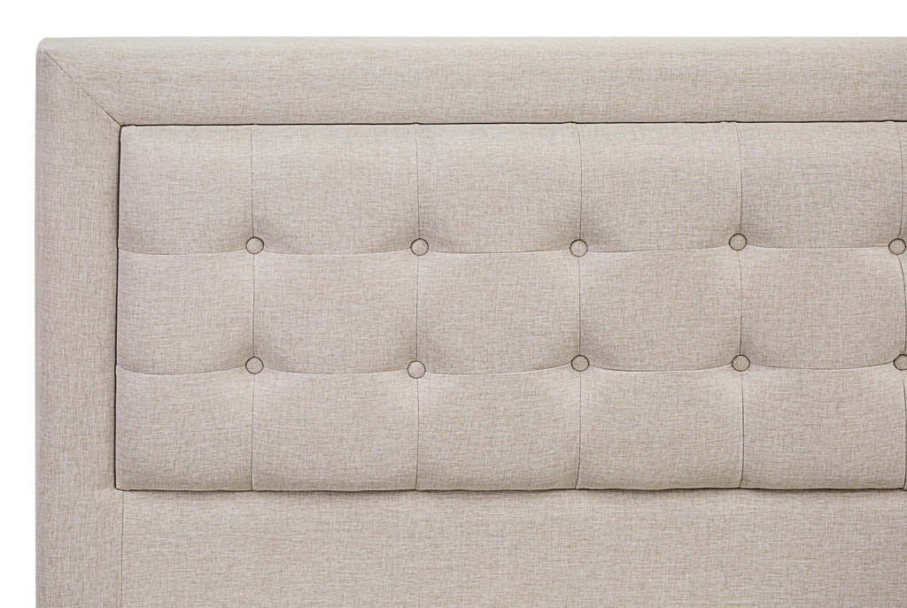 Cama Queen con plataforma East West Furniture FNF-08-Q - Cabecera tapizada en tela de lino beige niebla con ribete capitoné y patas negras