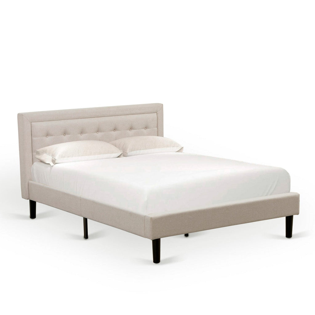 Cama Queen con plataforma East West Furniture FNF-08-Q - Cabecera tapizada en tela de lino beige niebla con ribete capitoné y patas negras