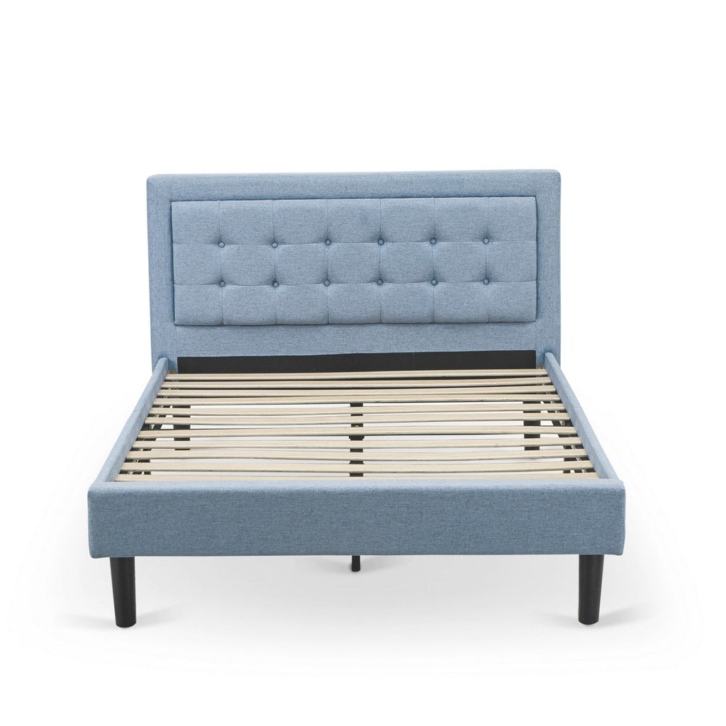 East West Furniture FNF-11-F Platform Full Bed Frame - Denim Blue Linen Fabric Upholstered Bed Headboard with Button Tufted Trim Design - Black Legs