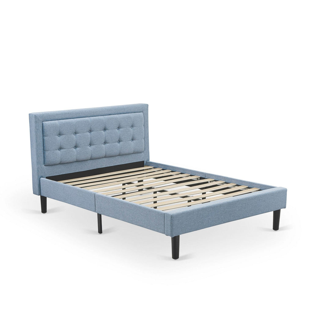 East West Furniture FNF-11-F Platform Full Bed Frame - Denim Blue Linen Fabric Upholstered Bed Headboard with Button Tufted Trim Design - Black Legs