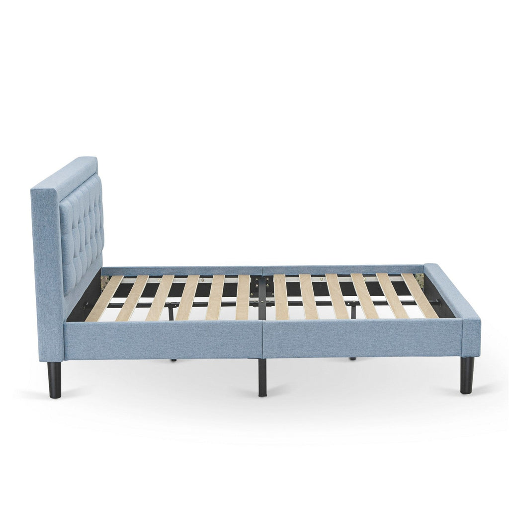 East West Furniture FNF-11-F Platform Full Bed Frame - Denim Blue Linen Fabric Upholstered Bed Headboard with Button Tufted Trim Design - Black Legs