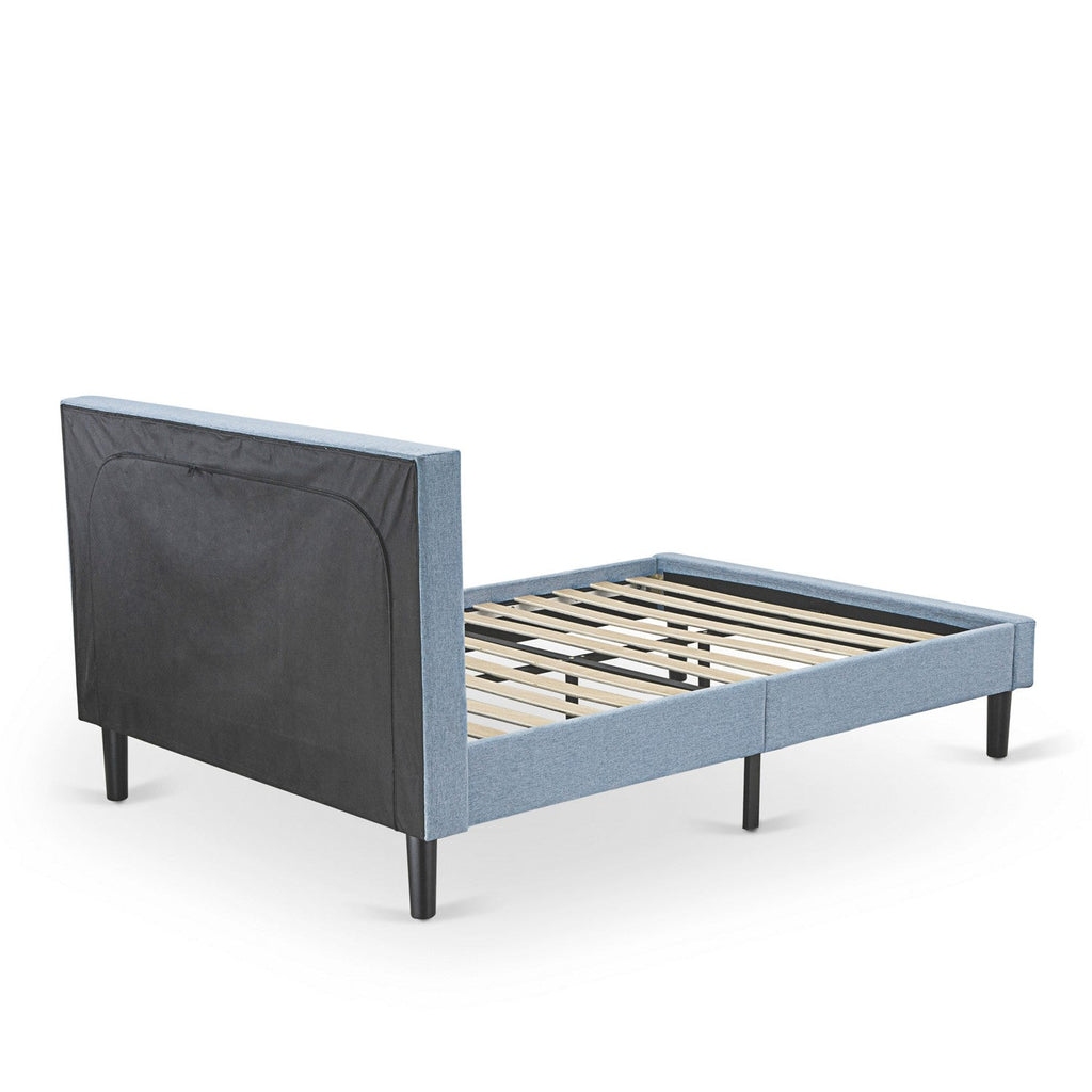 East West Furniture FNF-11-F Platform Full Bed Frame - Denim Blue Linen Fabric Upholstered Bed Headboard with Button Tufted Trim Design - Black Legs
