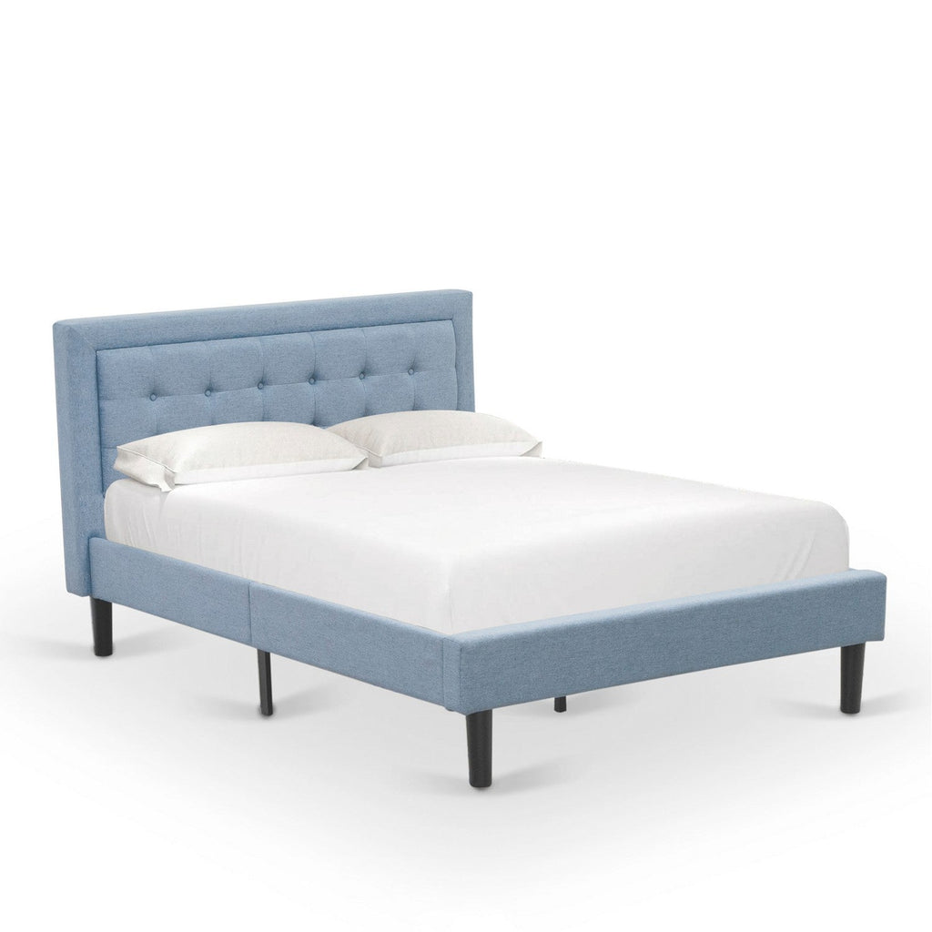 East West Furniture FNF-11-F Platform Full Bed Frame - Denim Blue Linen Fabric Upholstered Bed Headboard with Button Tufted Trim Design - Black Legs