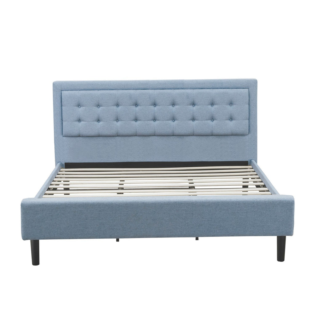 FN11K-1VL0C 2-Piece Platform Bed Set with 1 King Size Bed and a Small Nightstand - Reliable and Durable Construction - Denim Blue Linen Fabric