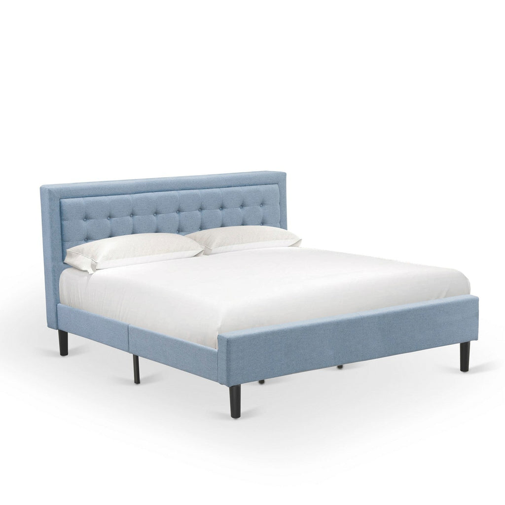 East West Furniture FN11K-1GO15 2-Piece Platform King Size Bed Set with 1 Mid Century Bed and a Navy Blue Bedroom Nightstand - Reliable and Durable Construction - Denim Blue Linen Fabric Bed