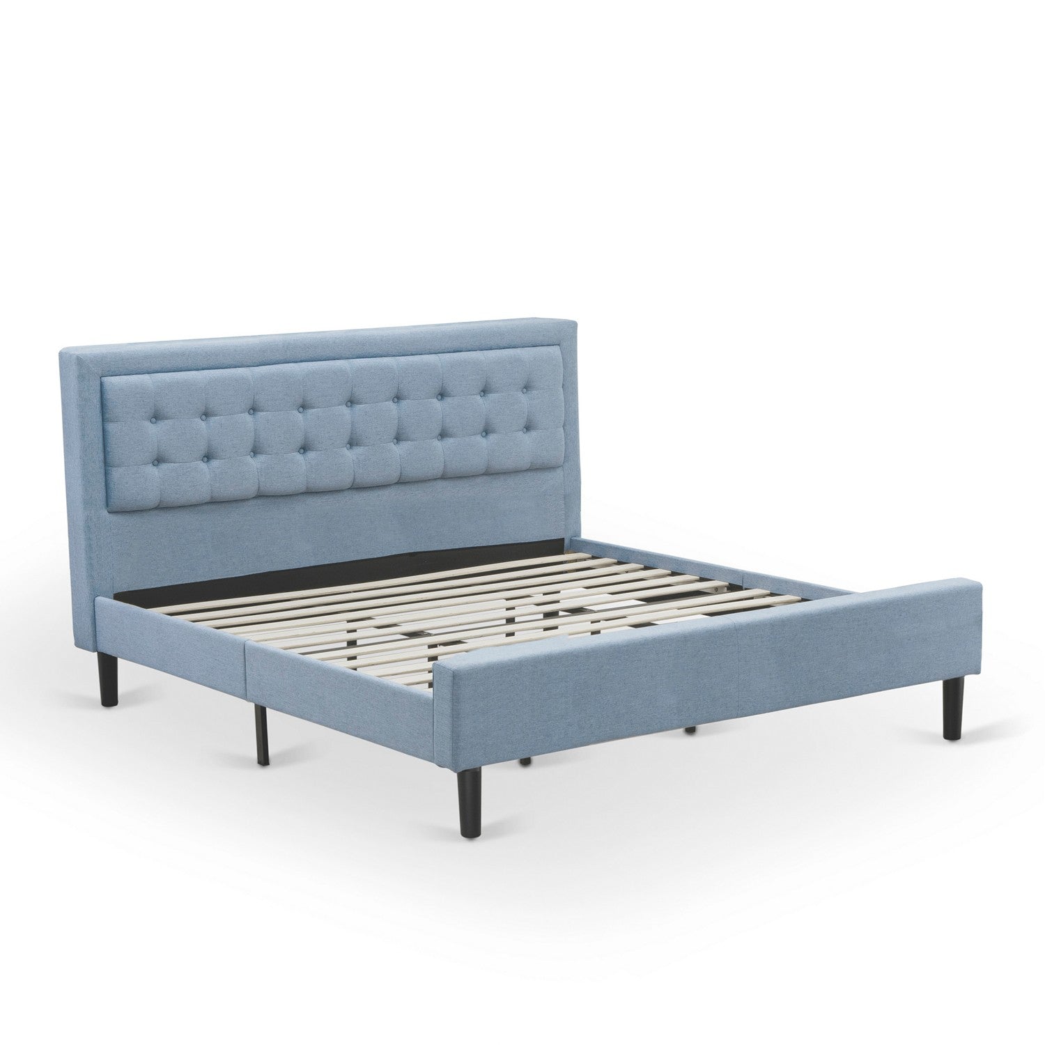 FN11K-1VL0C Juego de cama de dos piezas con plataforma, una cama tamaño king y una mesita de noche pequeña. Construcción confiable y duradera. Tela de lino azul denim.