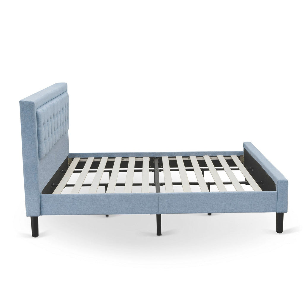 FN11K-1VL0C 2-Piece Platform Bed Set with 1 King Size Bed and a Small Nightstand - Reliable and Durable Construction - Denim Blue Linen Fabric