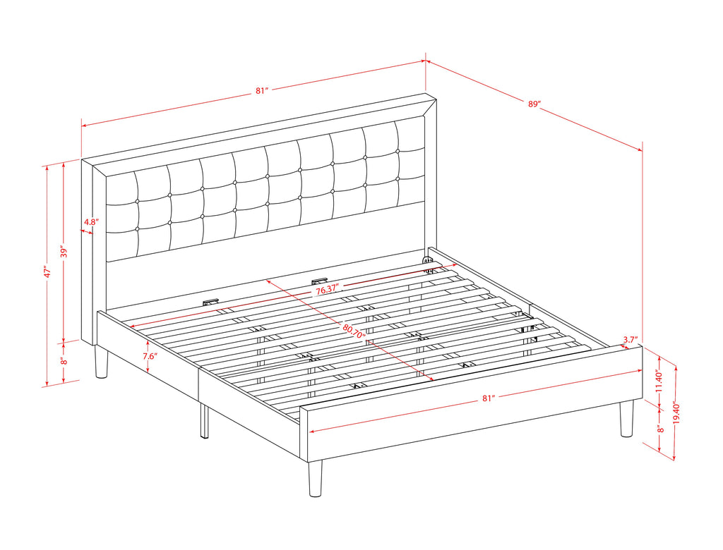 East West Furniture FNF-11-K Platform King Bed Frame - Denim Blue Linen Fabric Upholestered Bed Headboard with Button Tufted Trim Design - Black Legs