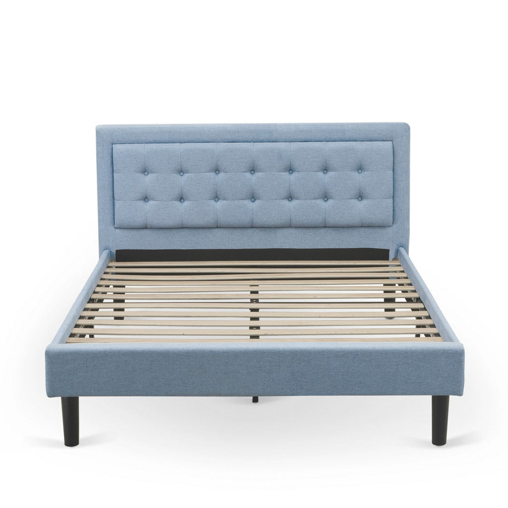 East West Furniture FN11Q-2GO15 3-Piece Platform Bed Set with 1 Mid Century Bed and 2 Small Nightstands - Denim Blue Linen Fabric