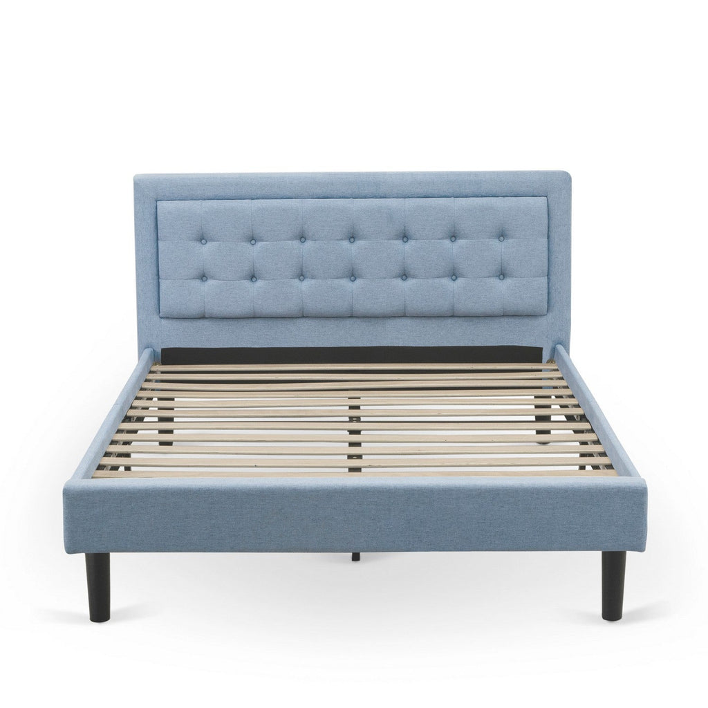 East West Furniture FN11Q-2VL0C 3-Piece Platform Wooden Set for Bedroom with 1 Queen Bedframe and 2 Modern Nightstands - Denim Blue Linen Fabric