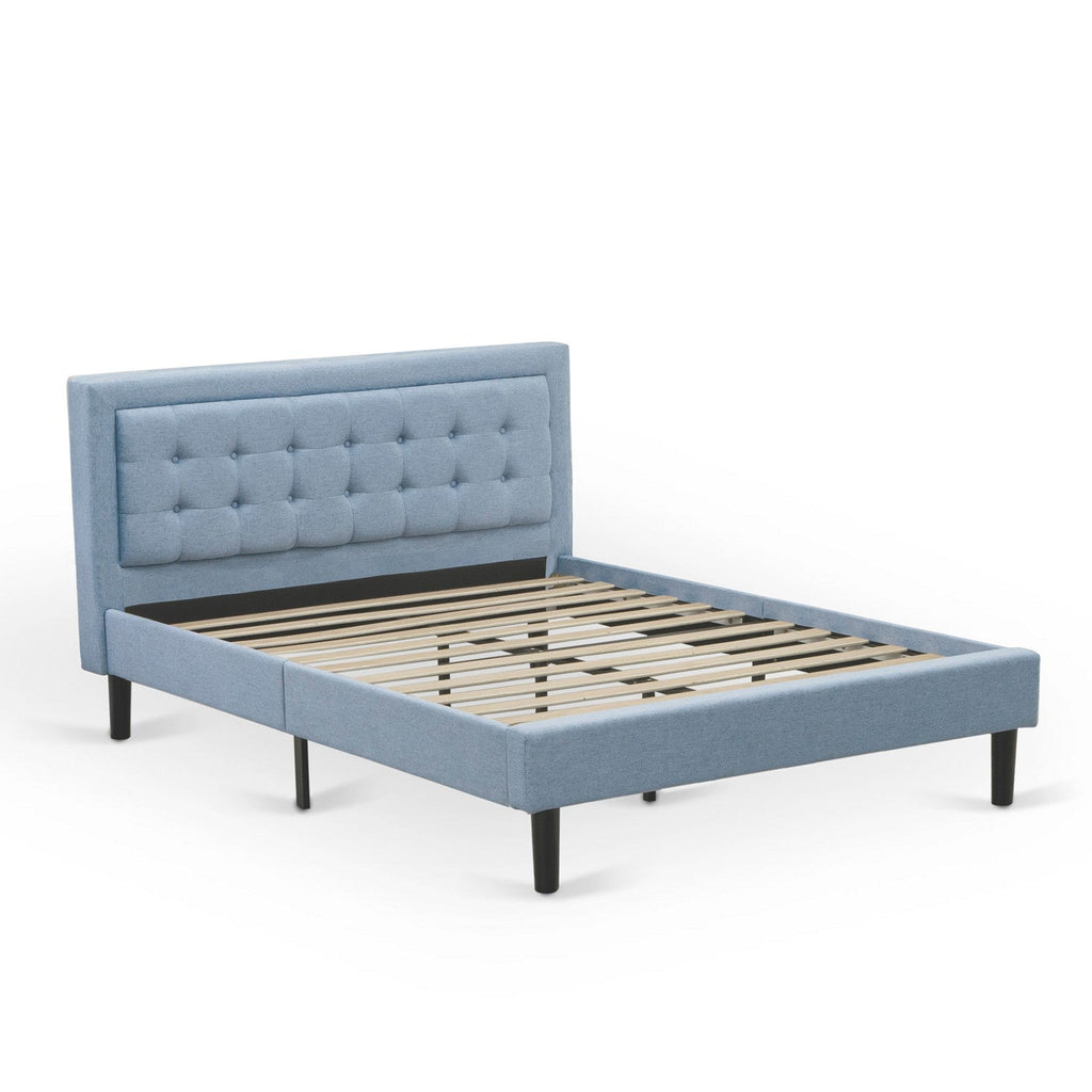 East West Furniture FN11Q-2GO15 3-Piece Platform Bed Set with 1 Mid Century Bed and 2 Small Nightstands - Denim Blue Linen Fabric