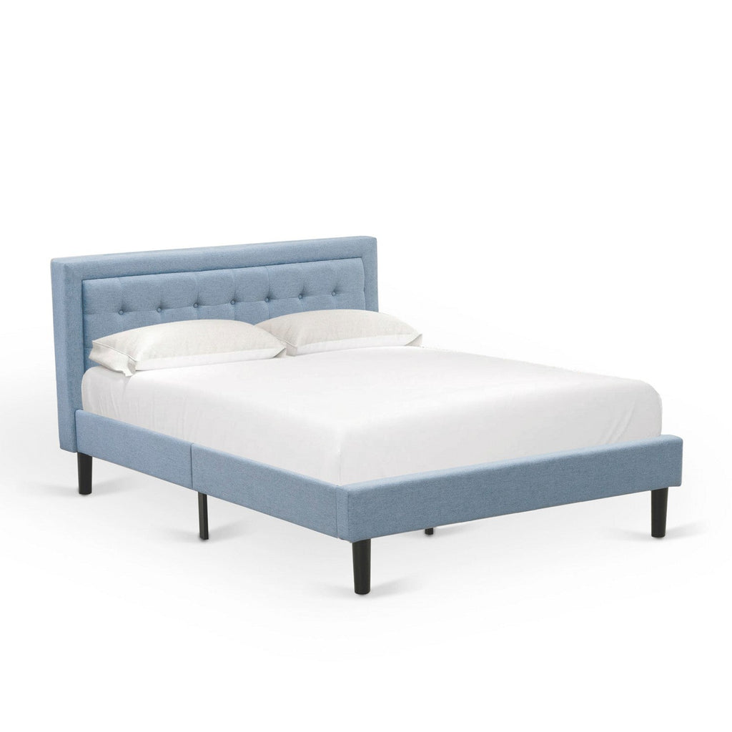 East West Furniture FN11Q-2HA15 3-Piece Fannin Wooden Set for Bedroom with 1 Platform Bed Frame and 2 Modern Nightstands - Denim Blue Linen Fabric