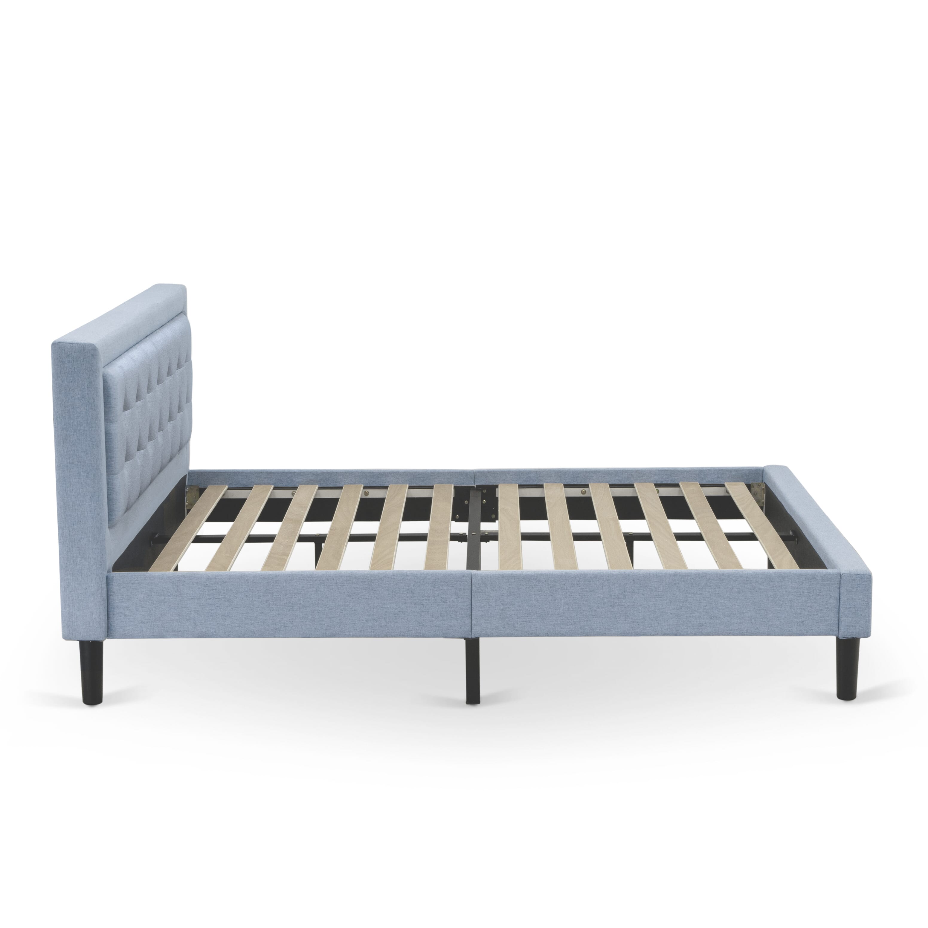 Cama tamaño queen con plataforma East West Furniture FNF-11-Q - Cabecera tapizada en tela de lino azul denim con ribete capitoné y patas negras