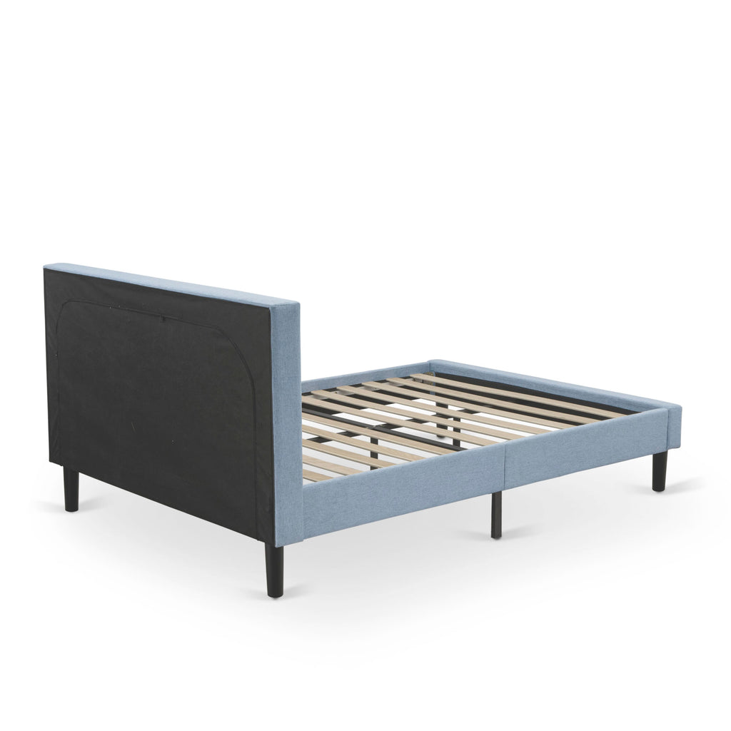 East West Furniture FNF-11-Q Platform Queen Size Bed - Denim Blue Linen Fabric Upholstered Bed Headboard with Button Tufted Trim Design - Black Legs