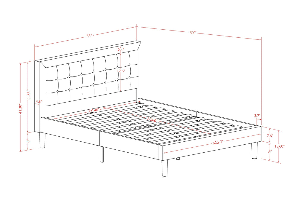 Cama tamaño queen con plataforma East West Furniture FNF-11-Q - Cabecera tapizada en tela de lino azul denim con ribete capitoné y patas negras