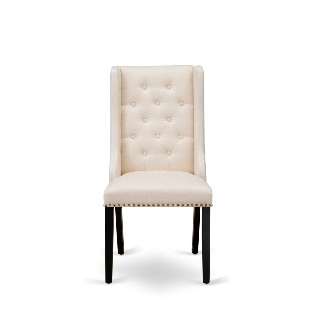 Juego de comedor de 5 piezas NFFO5-BLK-01 de East West Furniture. Incluye una mesa de comedor rectangular con diseño de hojas de mariposa y 4 sillas tapizadas en tela de lino color crema.