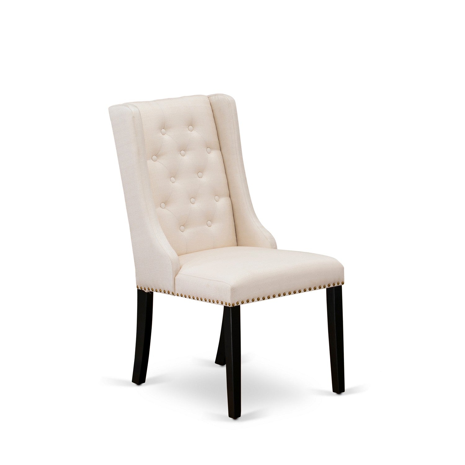 Juego de mesa de comedor de 3 piezas NFFO3-BLK-01 de East West Furniture. Incluye una mesa de cocina rectangular con diseño de hojas de mariposa y dos sillas de comedor Parson de tela de lino color crema.