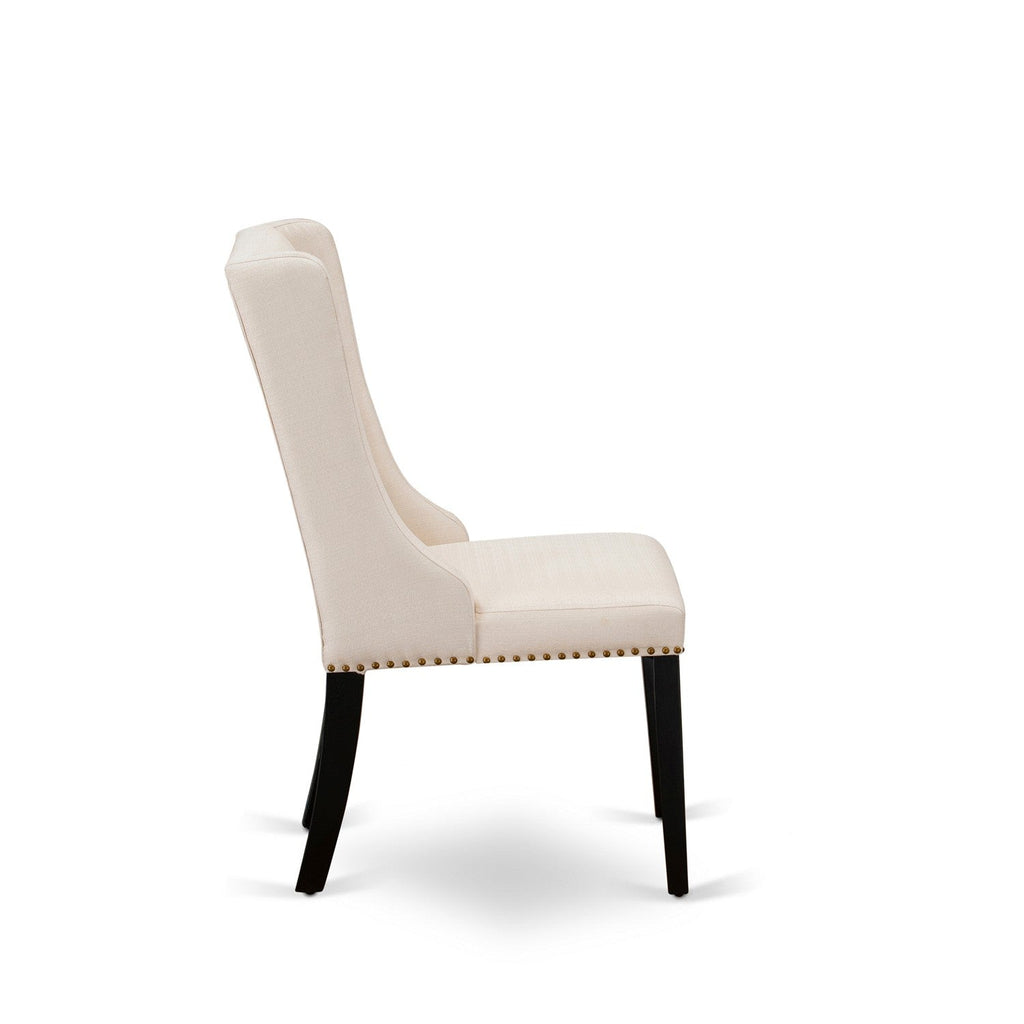 Juego de mesa de comedor de 7 piezas DUFO7-BLK-01 de East West Furniture. Consta de una mesa rectangular de madera y 6 sillas Parson tapizadas en tela de lino color crema.