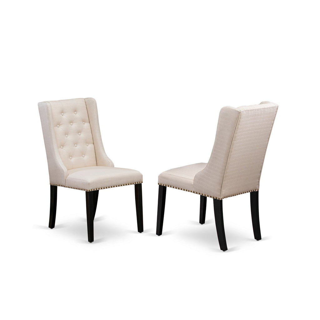 Juego de mesa de comedor de 7 piezas DUFO7-BLK-01 de East West Furniture. Consta de una mesa rectangular de madera y 6 sillas Parson tapizadas en tela de lino color crema.