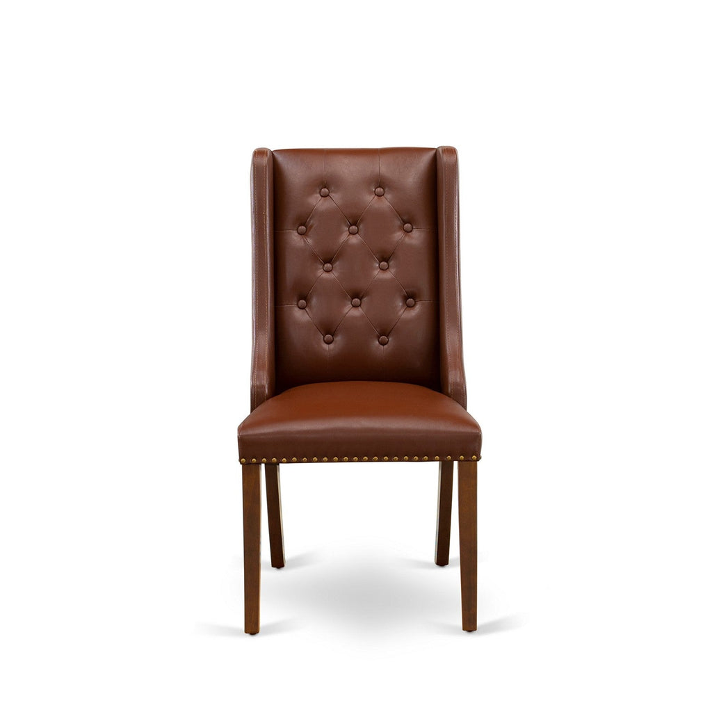 East West Furniture ESFO3-MAH-46 3 Piece Dinette Set for Small Spaces Contains a Round Dining Table with Pedestal and 2 Brown Faux Faux Leather Upholstered Chairs