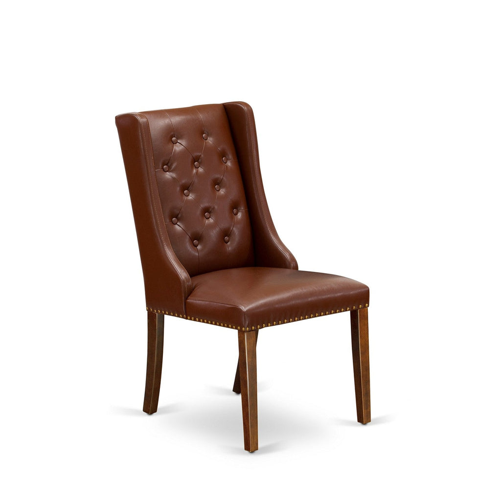 East West Furniture ESFO3-MAH-46 3 Piece Dinette Set for Small Spaces Contains a Round Dining Table with Pedestal and 2 Brown Faux Faux Leather Upholstered Chairs