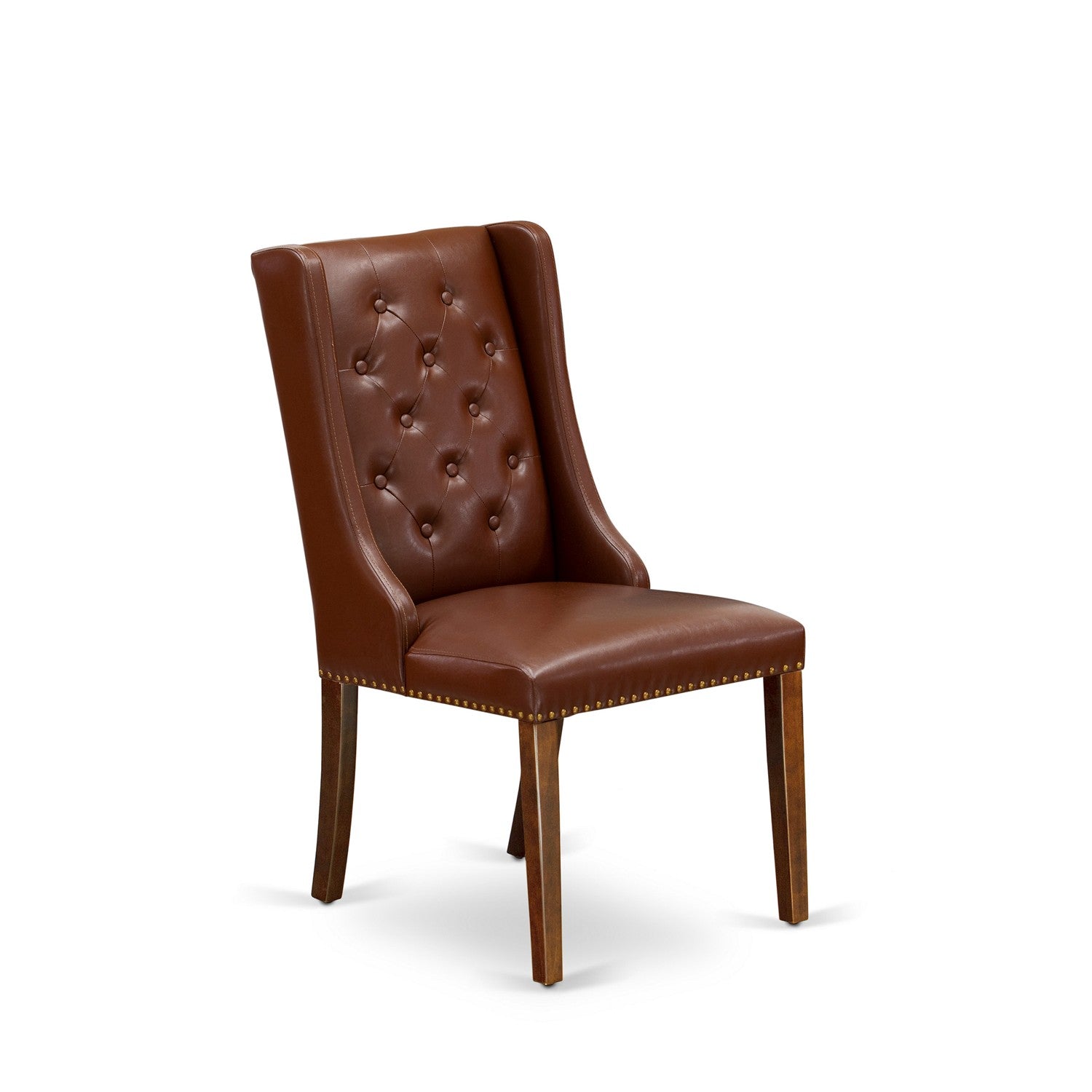 Juego de mesa de cocina de 5 piezas para 4 personas East West Furniture HLFO5-MAH-46. Incluye una mesa de comedor redonda con pedestal y 4 sillas de comedor Parson de piel sintética marrón.