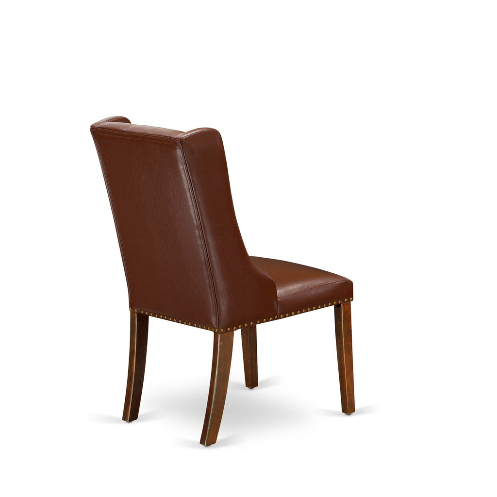 East West Furniture ESFO3-MAH-46 3 Piece Dinette Set for Small Spaces Contains a Round Dining Table with Pedestal and 2 Brown Faux Faux Leather Upholstered Chairs