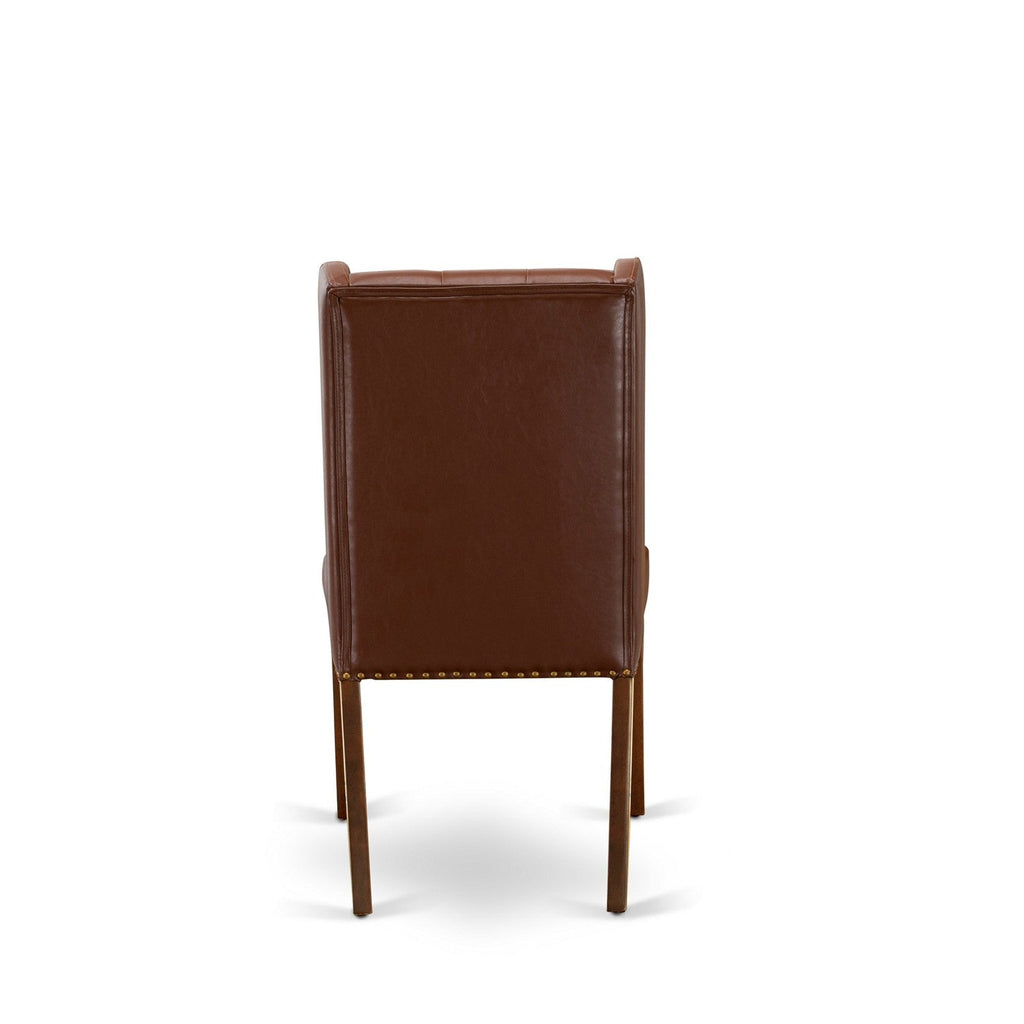 East West Furniture ESFO3-MAH-46 3 Piece Dinette Set for Small Spaces Contains a Round Dining Table with Pedestal and 2 Brown Faux Faux Leather Upholstered Chairs