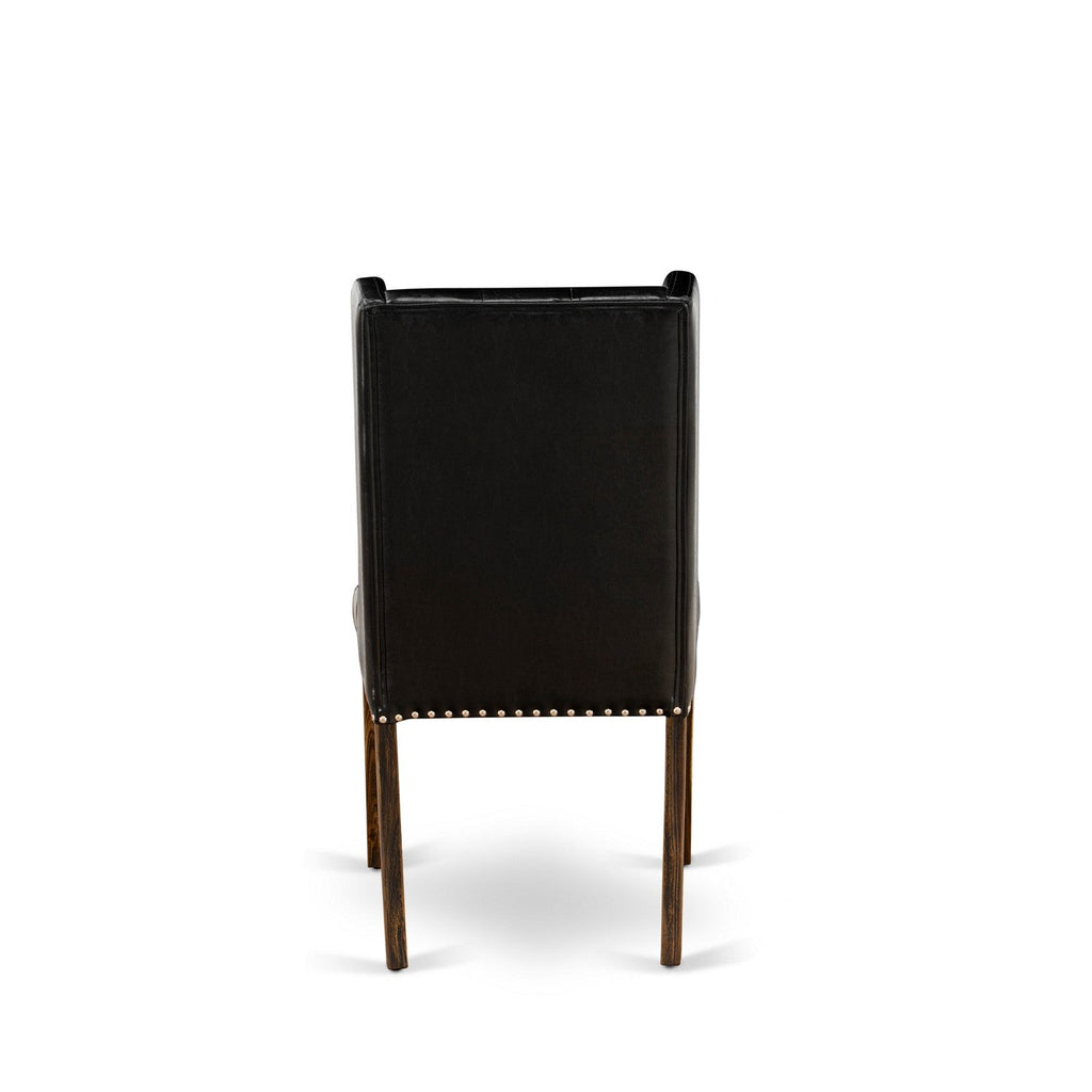 El juego de mesa de cocina de 9 piezas LMFO9-77-49 de East West Furniture incluye una mesa de comedor rectangular de madera rústica y 8 sillas de comedor Parson de cuero sintético negro.