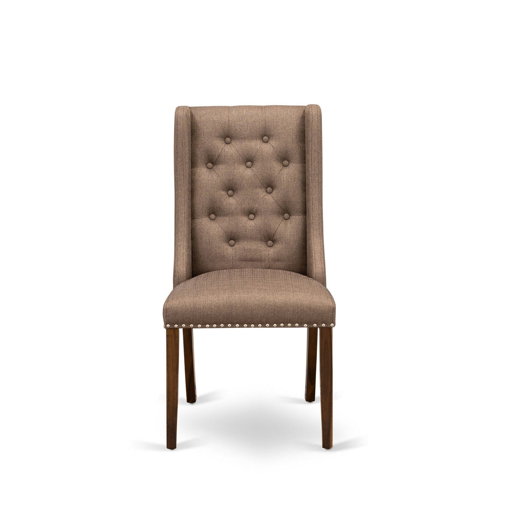 East West Furniture FOP8T18 Forney Parson Dining Room Chairs - Button Tufted Nailhead Trim Brown Linen Linen Fabric Padded Chairs