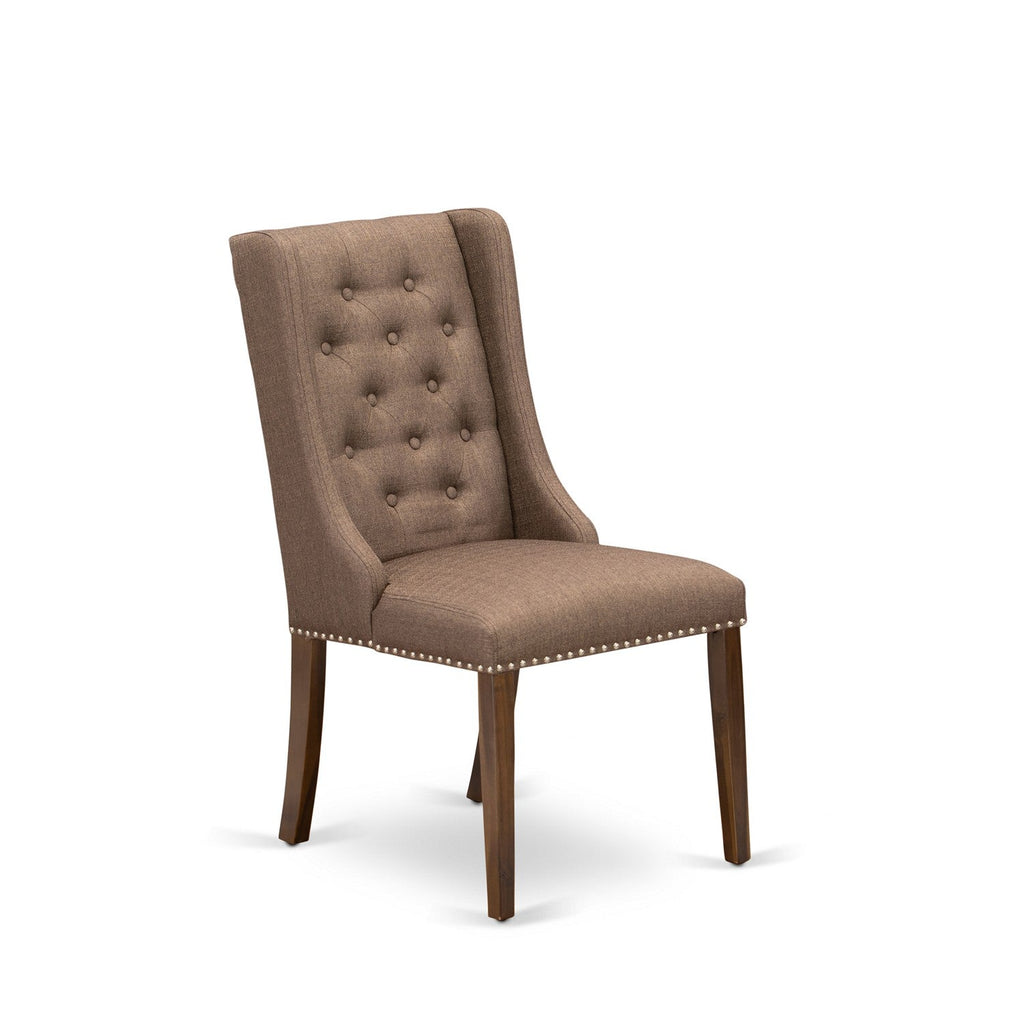East West Furniture FOP8T18 Forney Parson Dining Room Chairs - Button Tufted Nailhead Trim Brown Linen Linen Fabric Padded Chairs