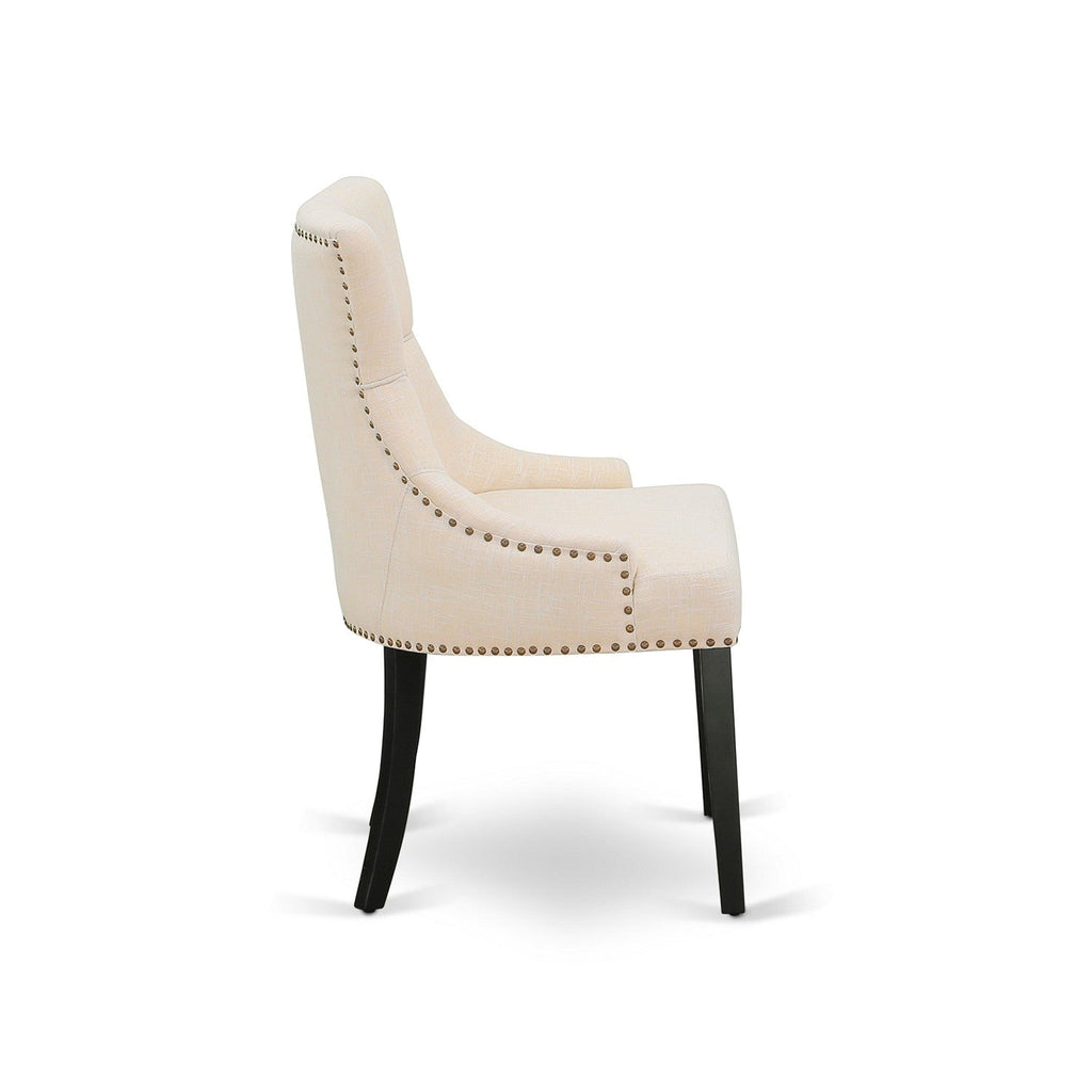 Juego de mesa de comedor de 6 piezas East West Furniture X697FR102-6. Contiene una mesa de cocina rectangular con patas en forma de X y 4 sillas Parson de tela de lino beige claro con un banco.