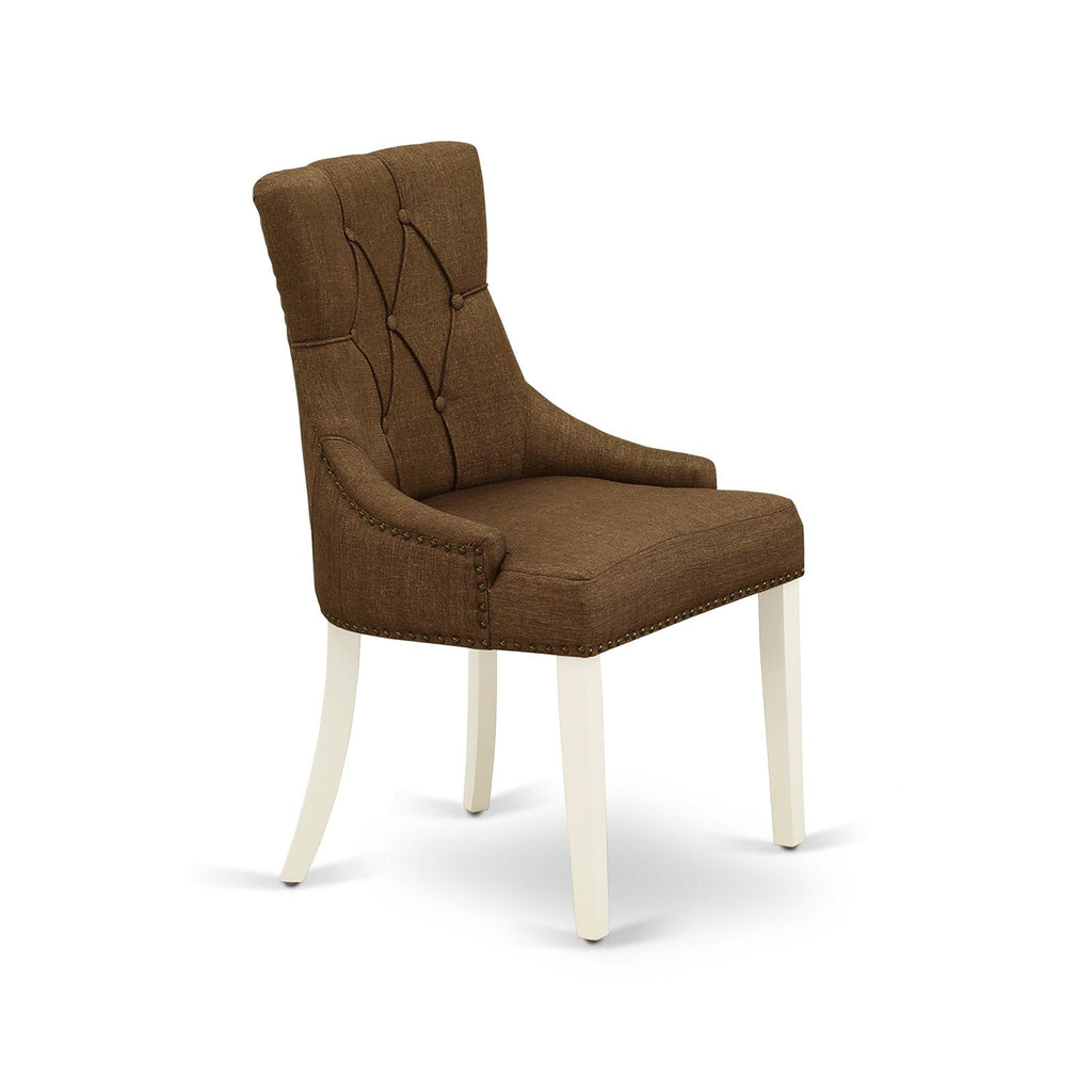 Juego de mesa de comedor de 3 piezas East West Furniture MZFR3-LWH-18. Incluye una mesa de comedor rectangular con alas abatibles y dos sillas Parsons de tela de lino marrón.
