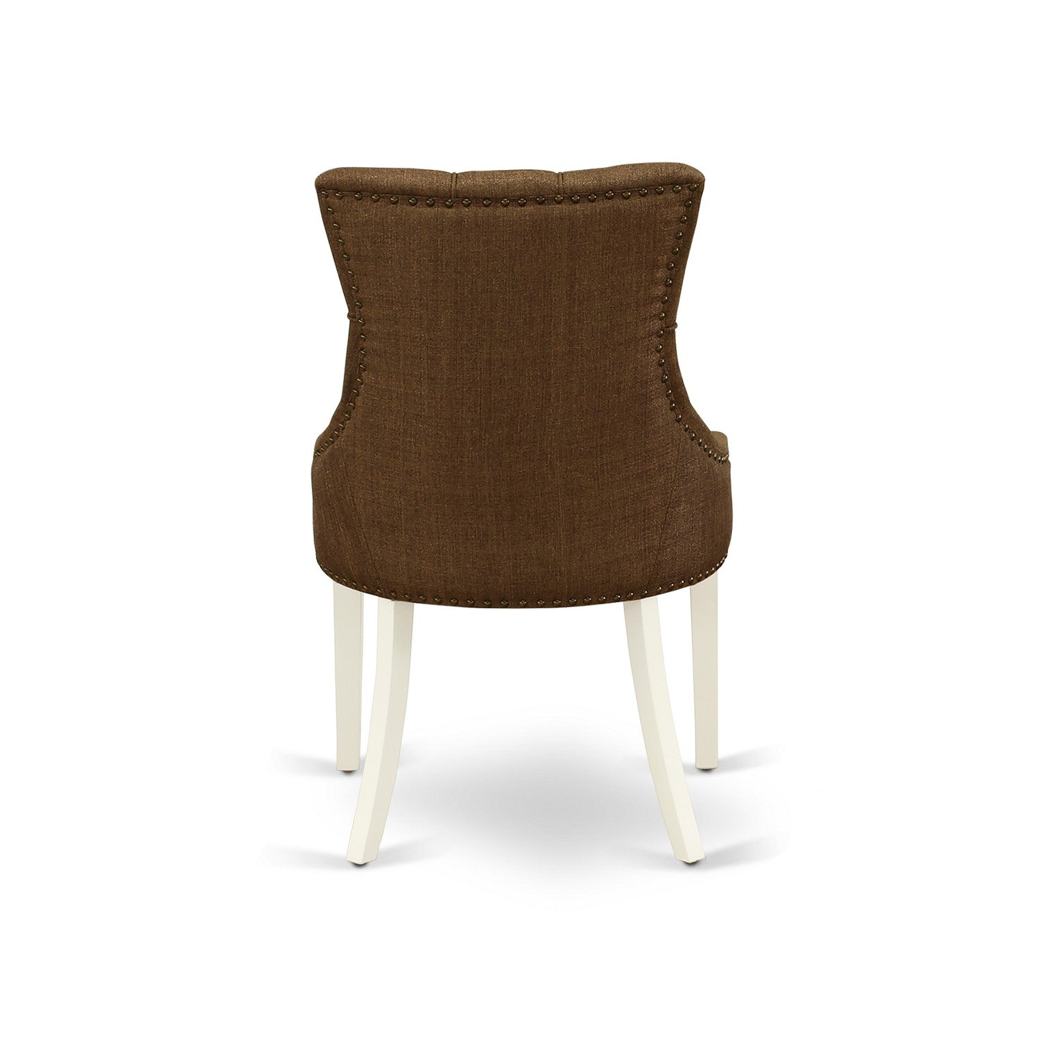 Sillas de comedor Friona Parsons FRP2T18 de East West Furniture - Tapizadas en tela de lino marrón con ribete de tachuelas y botones capitoné.