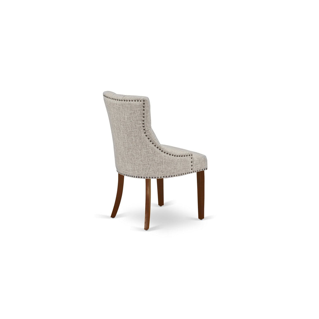 East West Furniture ESFR3-MAH-05 3 Piece Dinette Set for Small Spaces Contains a Round Dining Table with Pedestal and 2 Doeskin Linen Fabric Parsons Dining Chairs