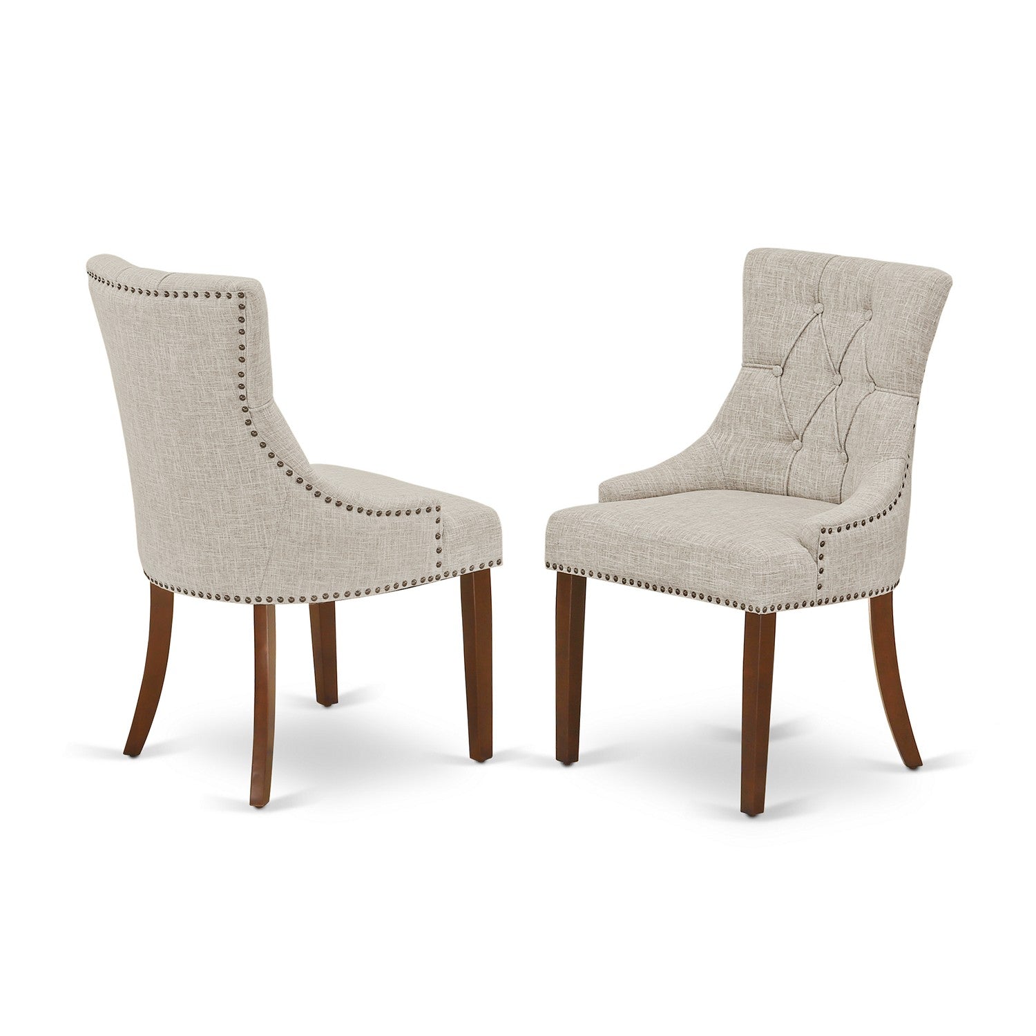Sillas de comedor Friona Parson FRP3T05 de East West Furniture: tapizadas en tela de lino y piel de venado con ribete de tachuelas y botones capitoné.