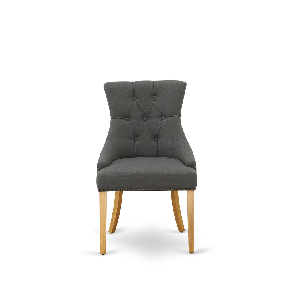 East West Furniture ANFR3-OAK-20 3 Piece Kitchen Table Set Contains a Round Dining Room Table with Pedestal and 2 Dark Gotham Linen Fabric Parsons Dining Chairs