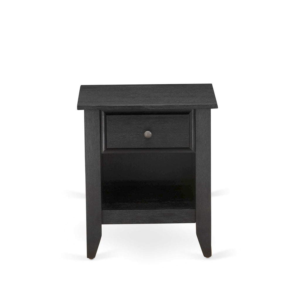 Juego de dormitorio de 2 piezas East West Furniture KD18F-1GA06: 1 cama de plataforma completa con cabecero acolchado de lino marrón y botones, 1 mesita de noche de madera con cajón de madera y patas con acabado negro.
