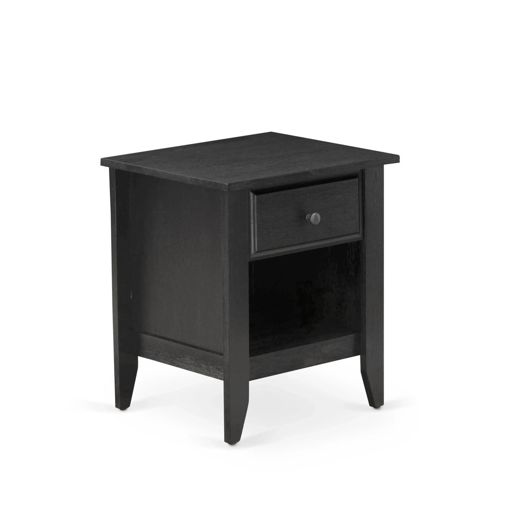 Juego de dormitorio King de 2 piezas KD18K-1GA06: 1 cama de madera con cabecero acolchado de lino marrón y botones, 1 mesita de noche de mediados de siglo con cajón moderno y patas con acabado negro.
