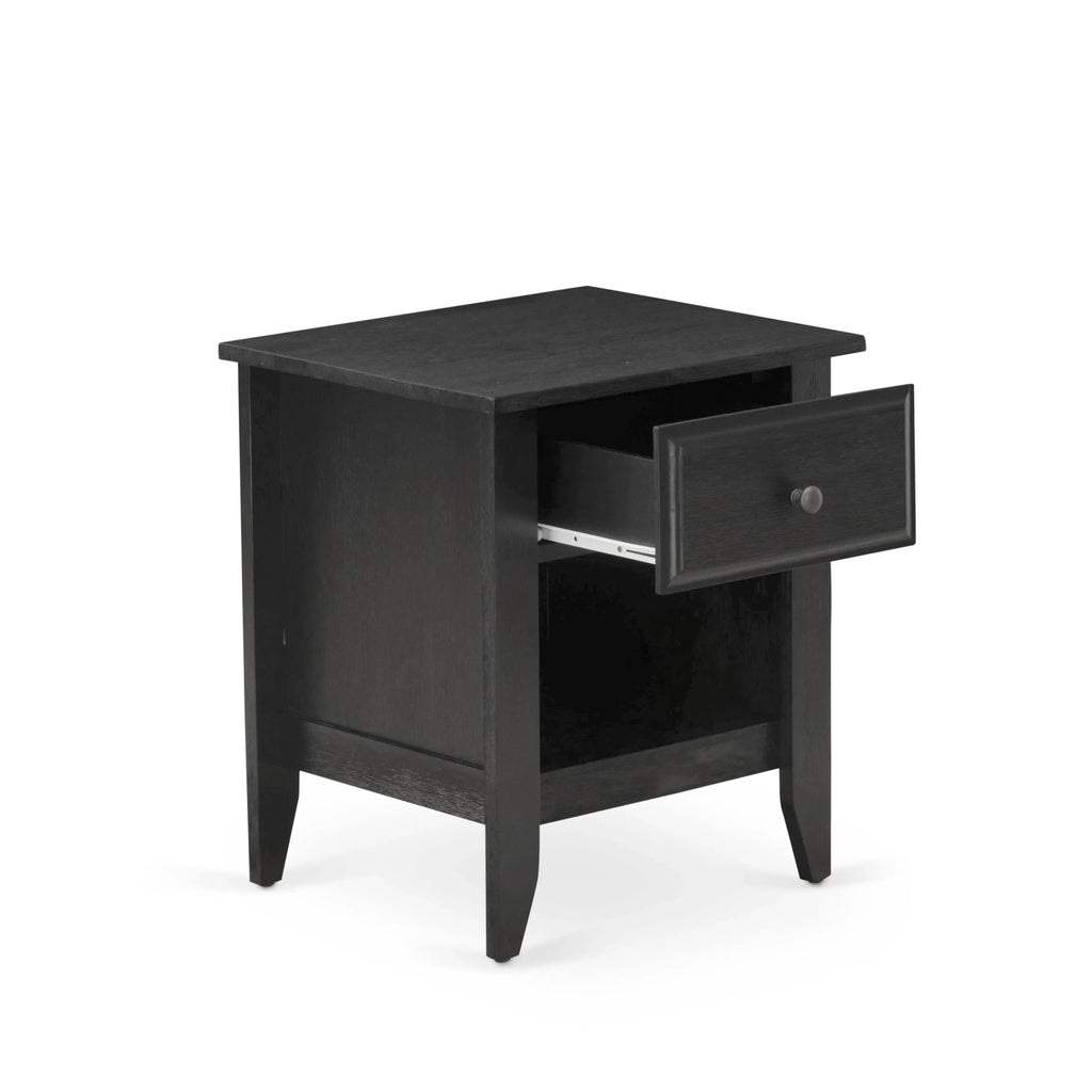Juego de dormitorio King de 2 piezas KD18K-1GA06: 1 cama de madera con cabecero acolchado de lino marrón y botones, 1 mesita de noche de mediados de siglo con cajón moderno y patas con acabado negro.