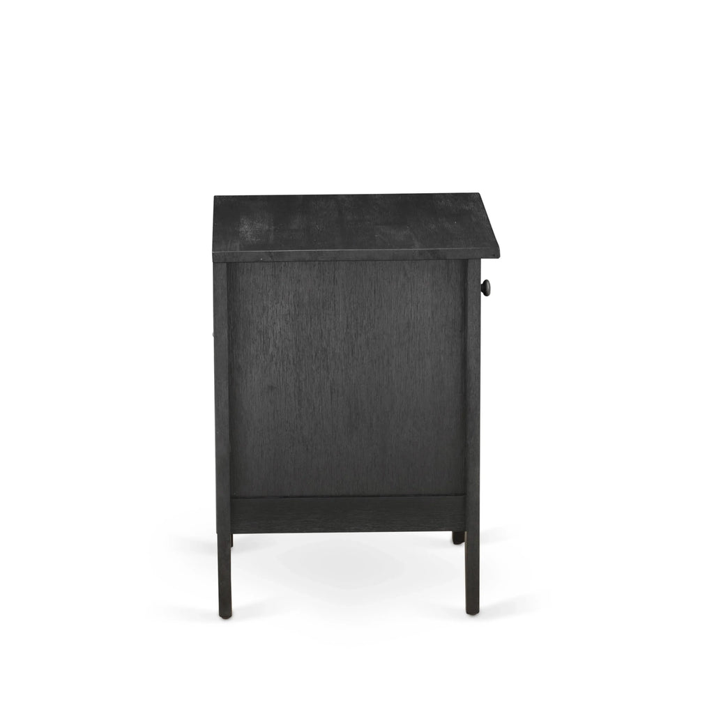 Juego de dormitorio King de 2 piezas KD18K-1GA06: 1 cama de madera con cabecero acolchado de lino marrón y botones, 1 mesita de noche de mediados de siglo con cajón moderno y patas con acabado negro.